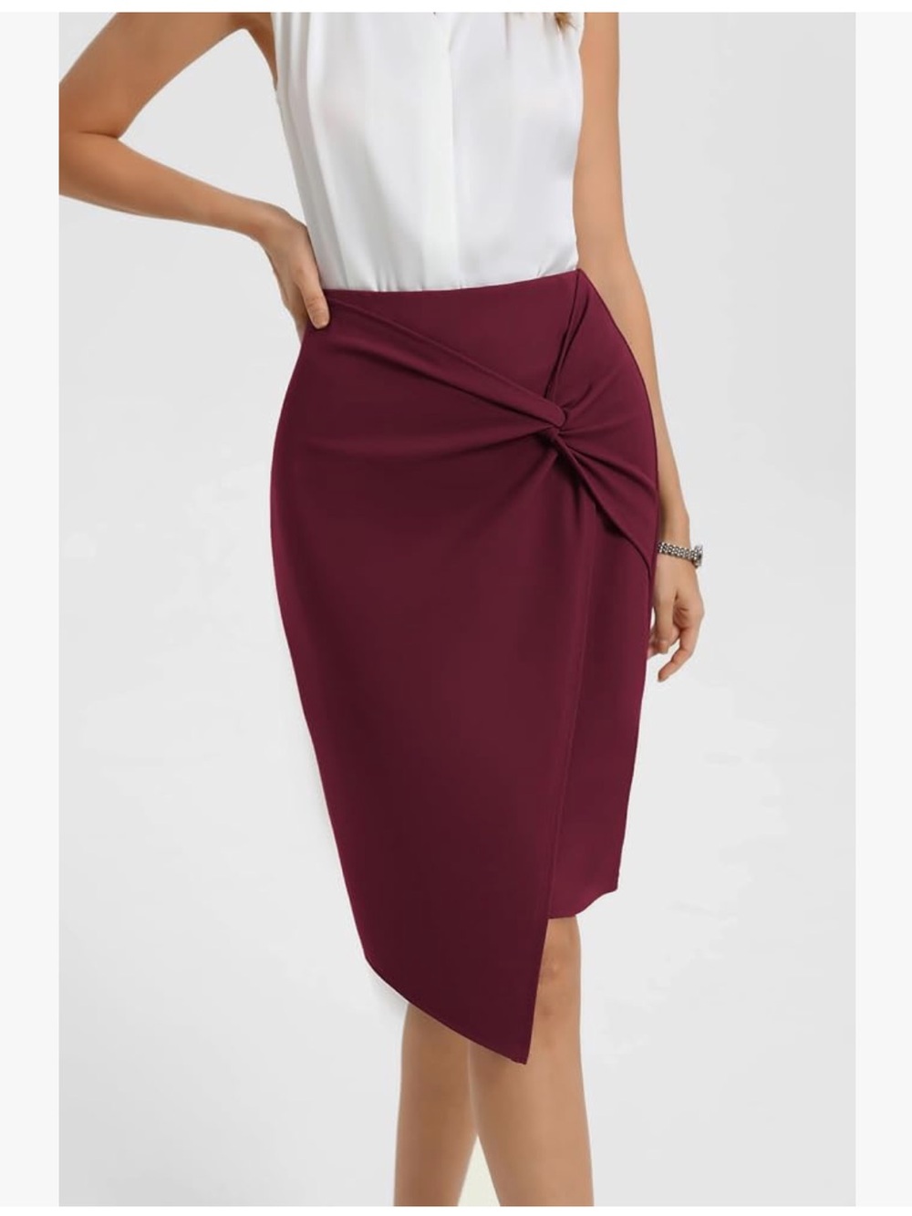 Kate Kasin Burgundy Highwaisted Asymmetrical Wrap Front Body Hugging Skirt Med